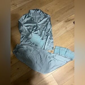 Blue silk button up pjs or lounge set